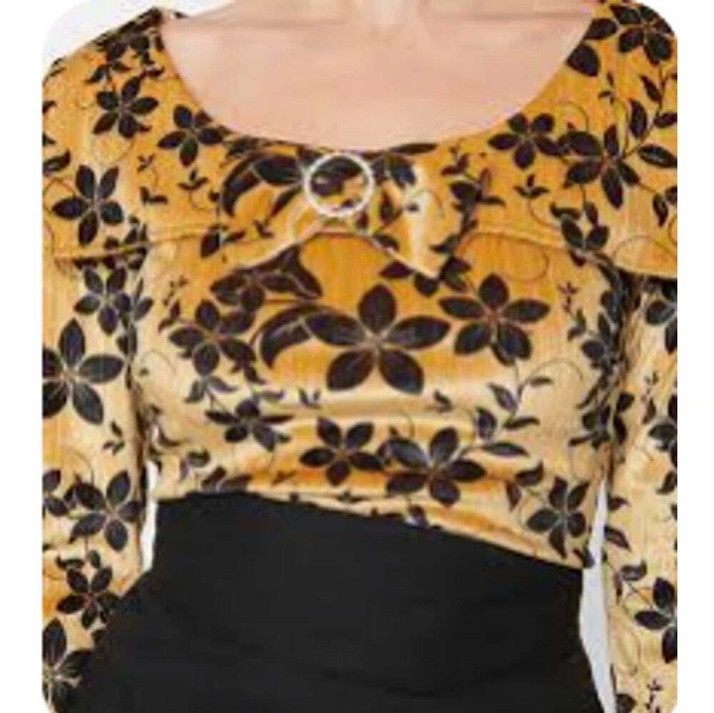 Unique Vintage Golden Yellow Velvety Floral Top 1X NWT